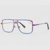 A pair of glasses featuring a blue frame and purple lenses, showcasing a stylish and colorful design.