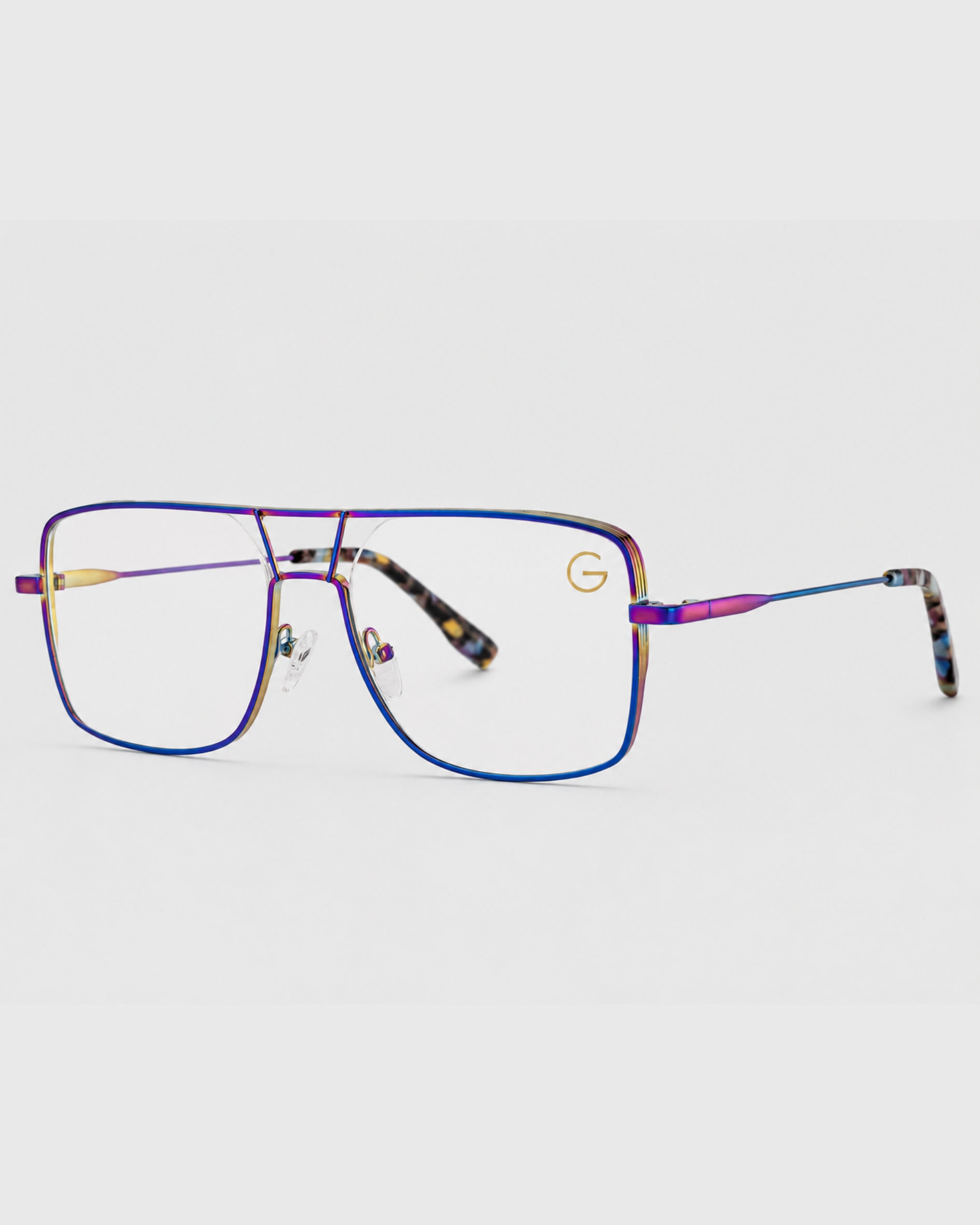 A pair of glasses featuring a blue frame and purple lenses, showcasing a stylish and colorful design.