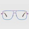 A pair of glasses featuring blue and purple frames, showcasing a stylish and modern design.