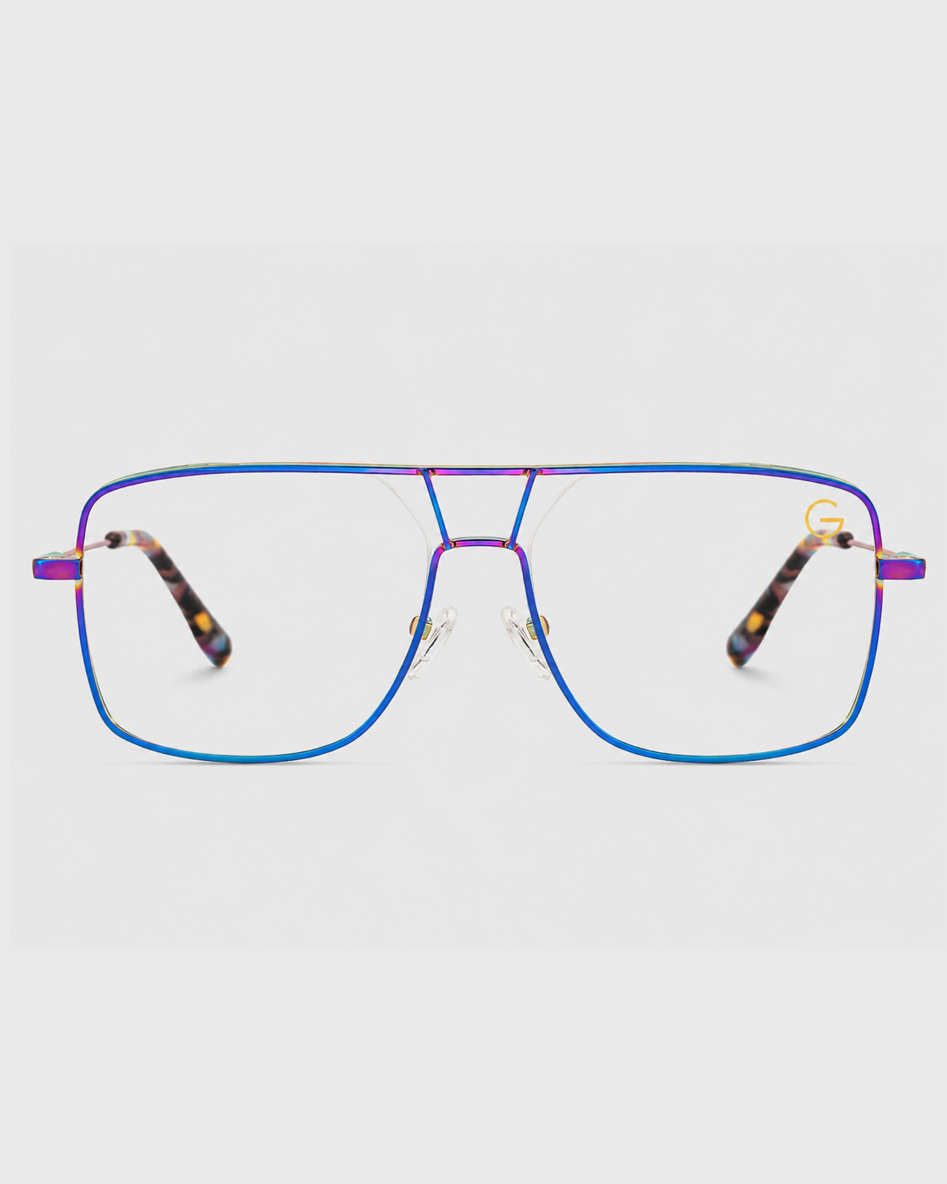 A pair of glasses featuring blue and purple frames, showcasing a stylish and modern design.