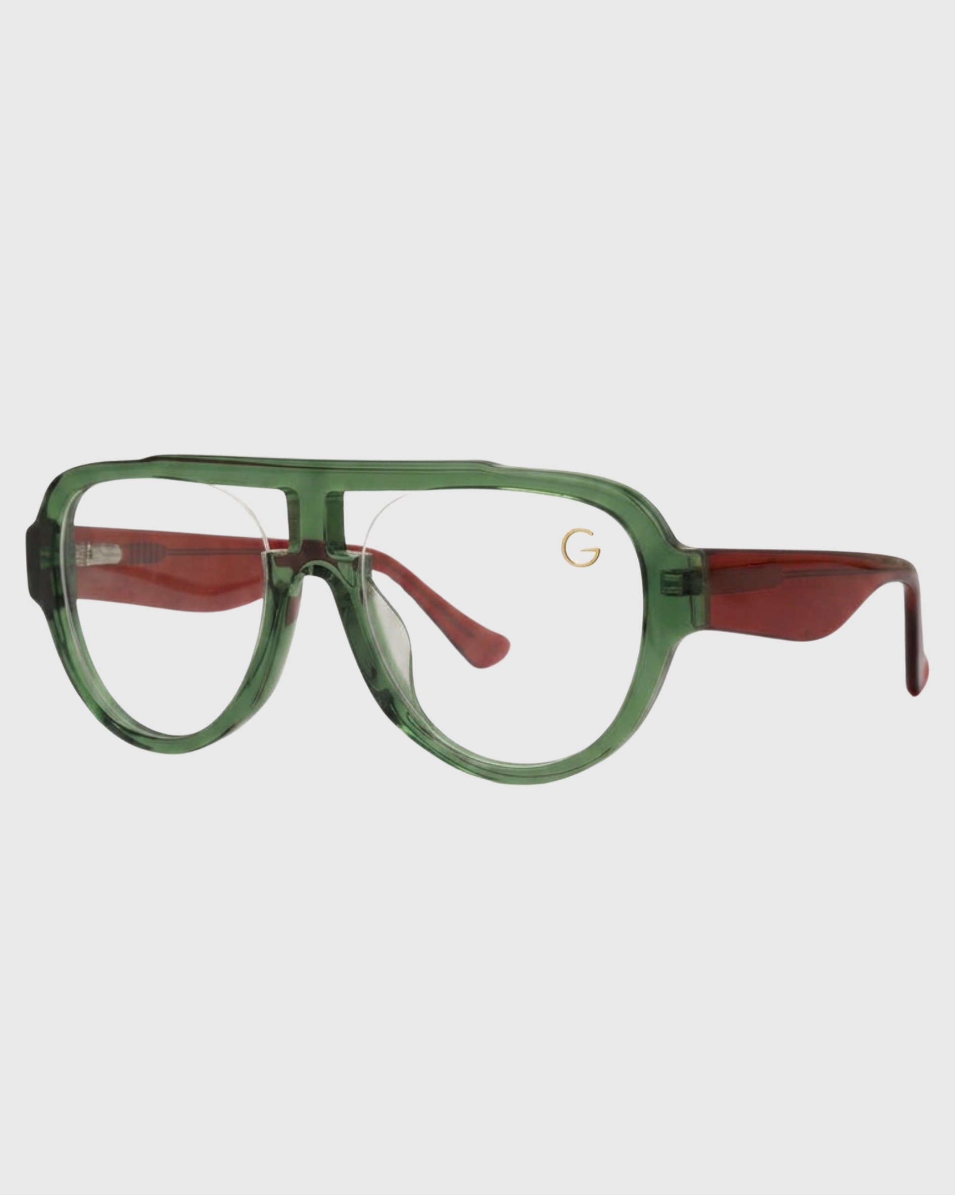 A pair of glasses featuring green frames and red temples, showcasing a vibrant and stylish design.