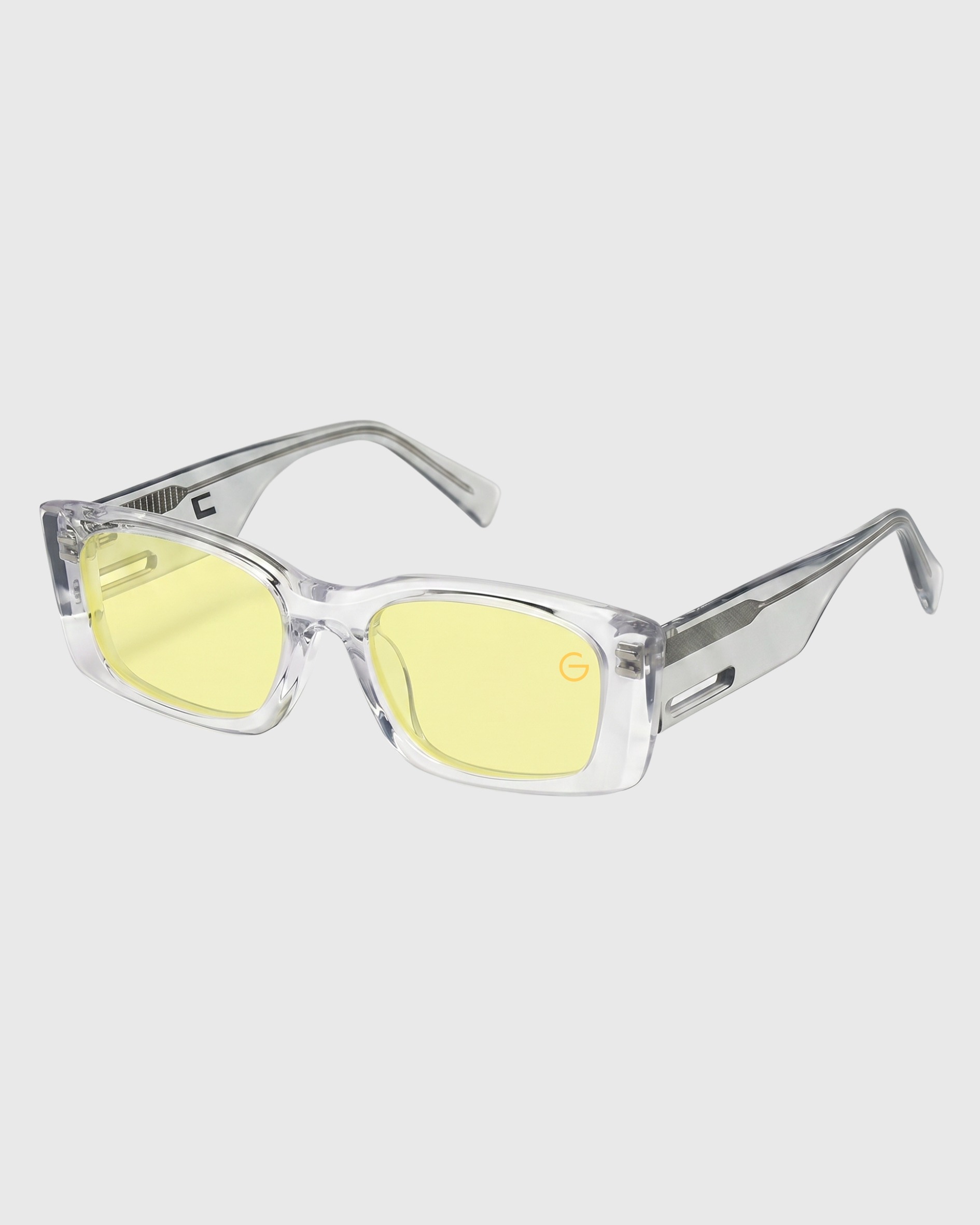 Plastic sunglasses with yellow lenses, showcasing a modern and stylish design suitable for sunny weather.