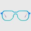 A pair of blue-framed glasses with clear lenses displayed on a neutral background.