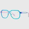 A pair of glasses featuring a blue frame and purple lenses, showcasing a stylish and colorful design.