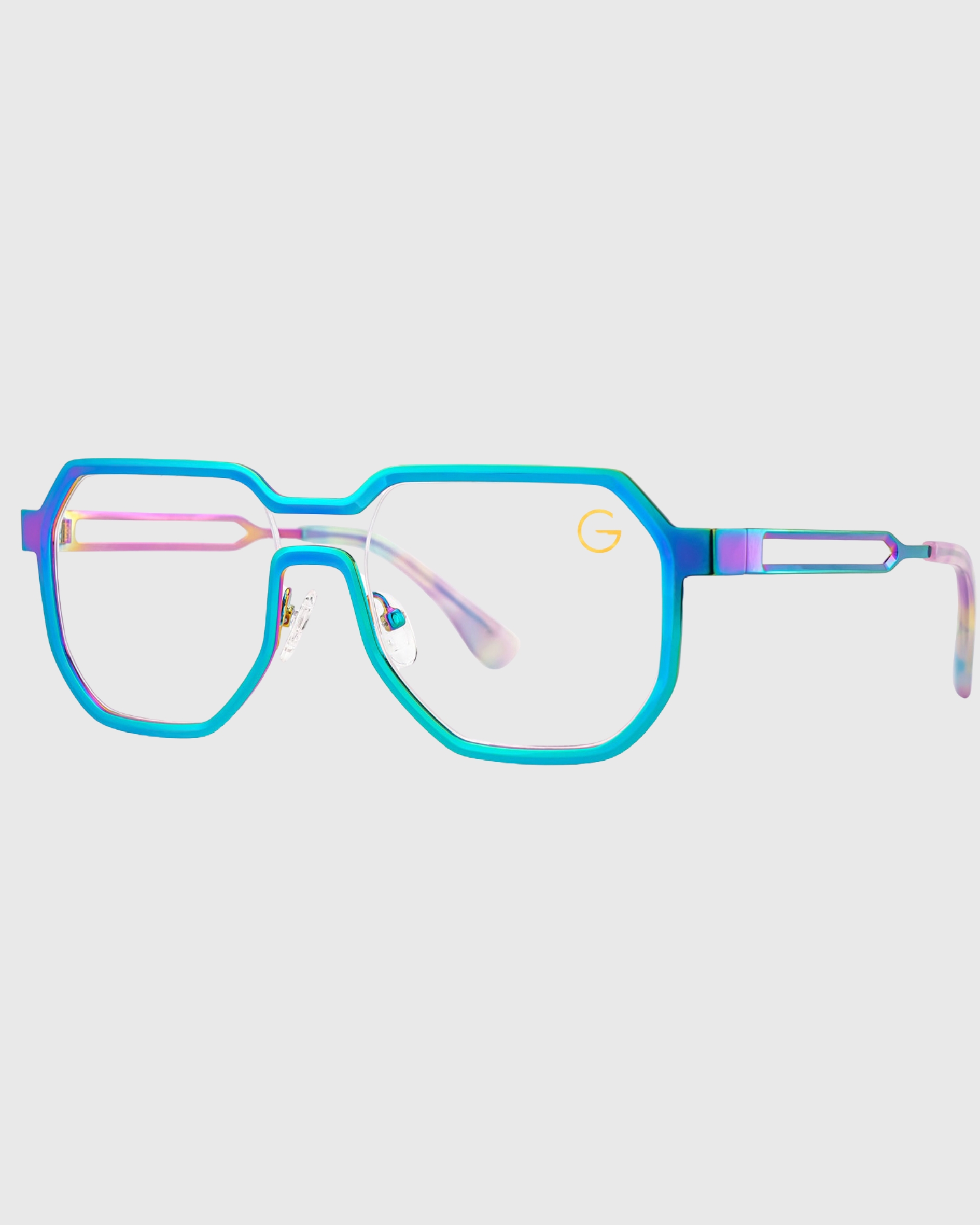A pair of glasses featuring a blue frame and purple lenses, showcasing a stylish and colorful design.