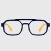 A pair of glasses featuring blue and yellow frames, showcasing a modern and vibrant design.