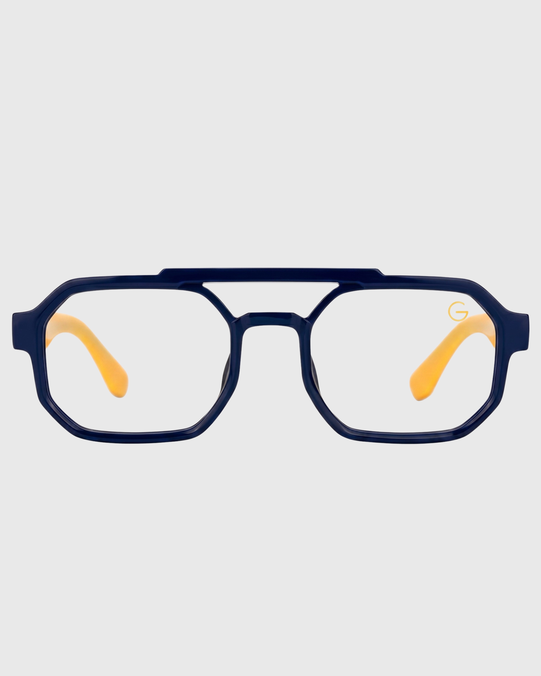 A pair of glasses featuring blue and yellow frames, showcasing a modern and vibrant design.