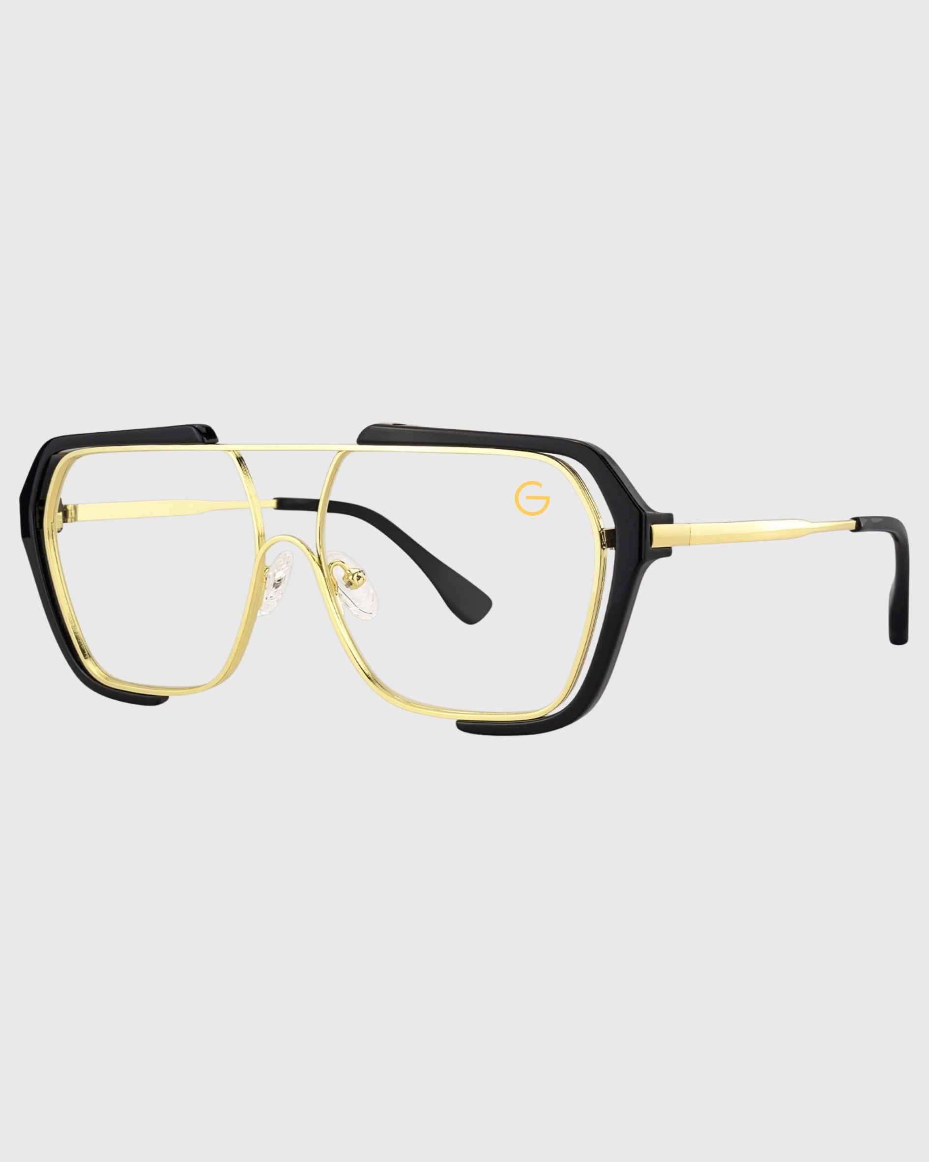 Black and gold glasses featuring a stylish gold frame, showcasing a modern and elegant design.