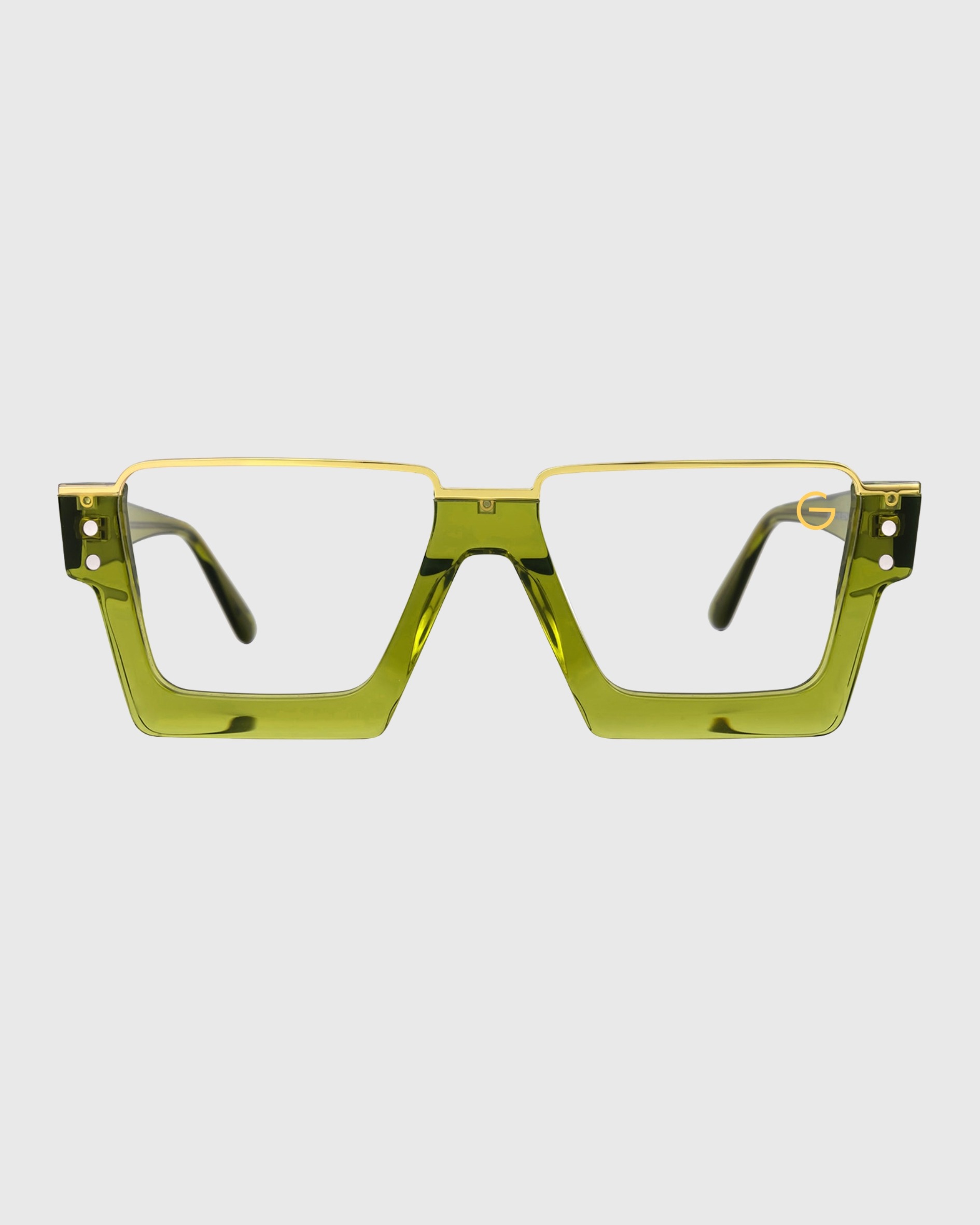 A pair of glasses featuring green frames with elegant gold rims.