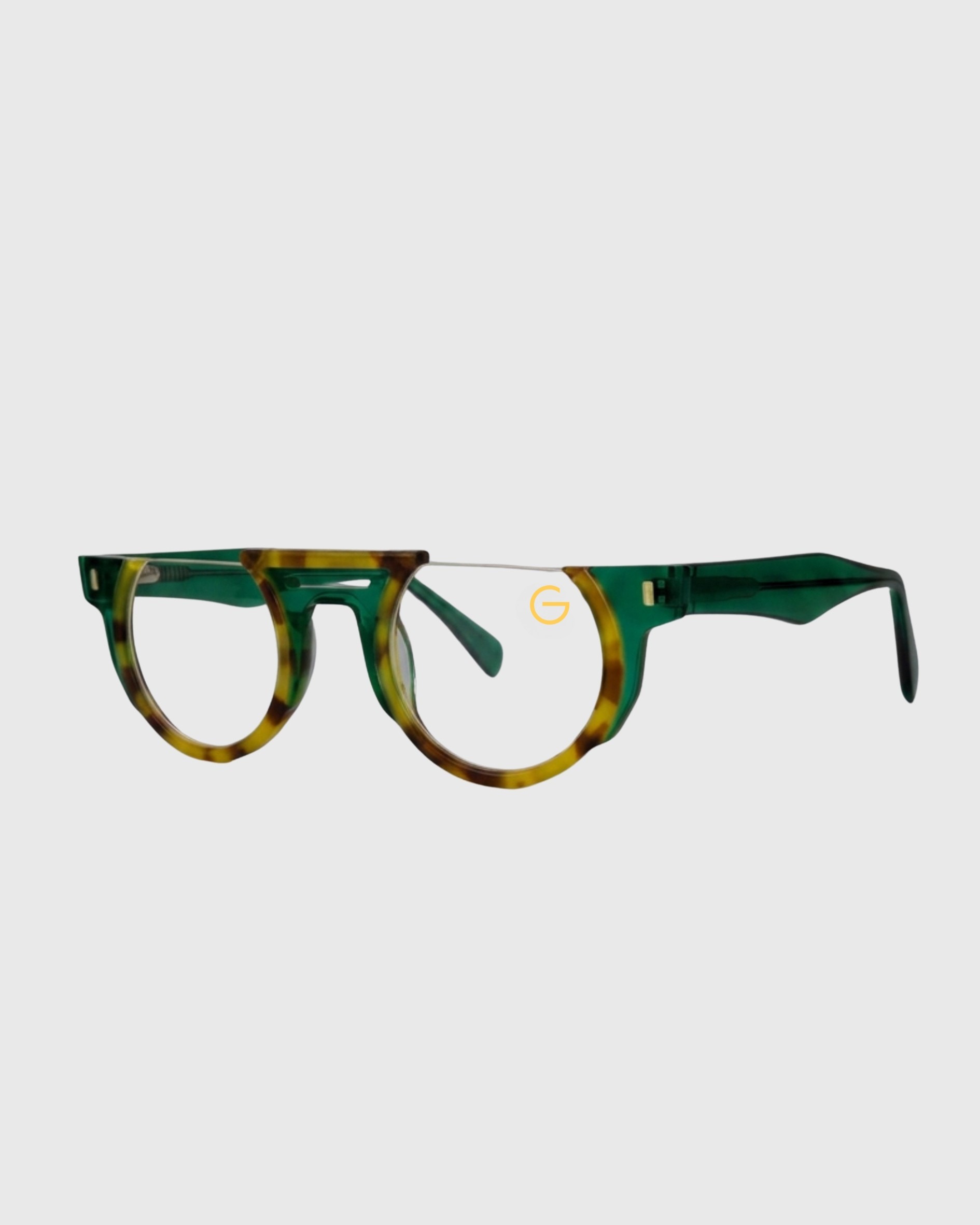 A pair of glasses featuring vibrant green and yellow frames, showcasing a modern and stylish design.