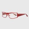 A pair of red glasses featuring clear lenses, showcasing a stylish and modern design.