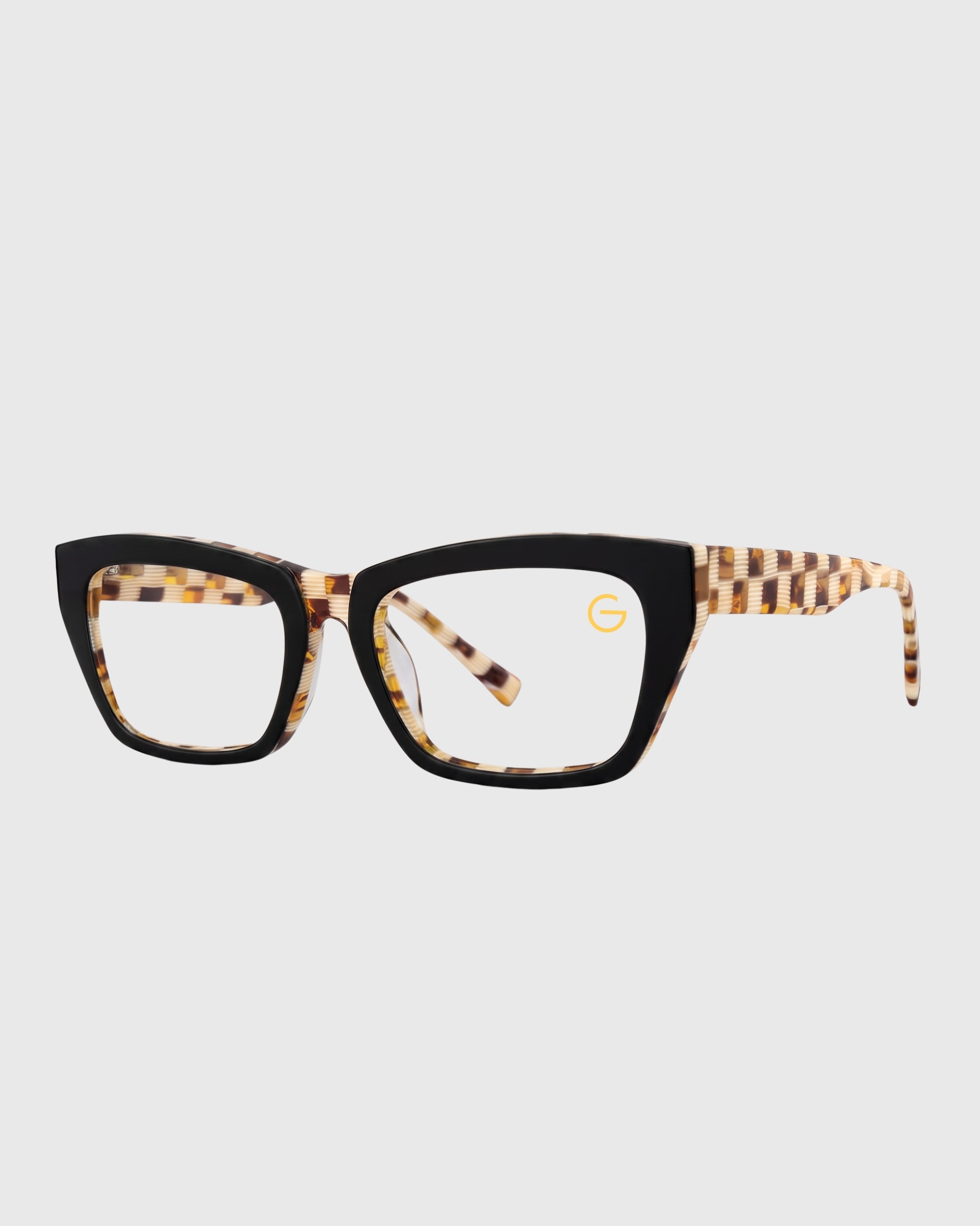 A pair of glasses featuring checkered frames, showcasing a stylish and unique design.