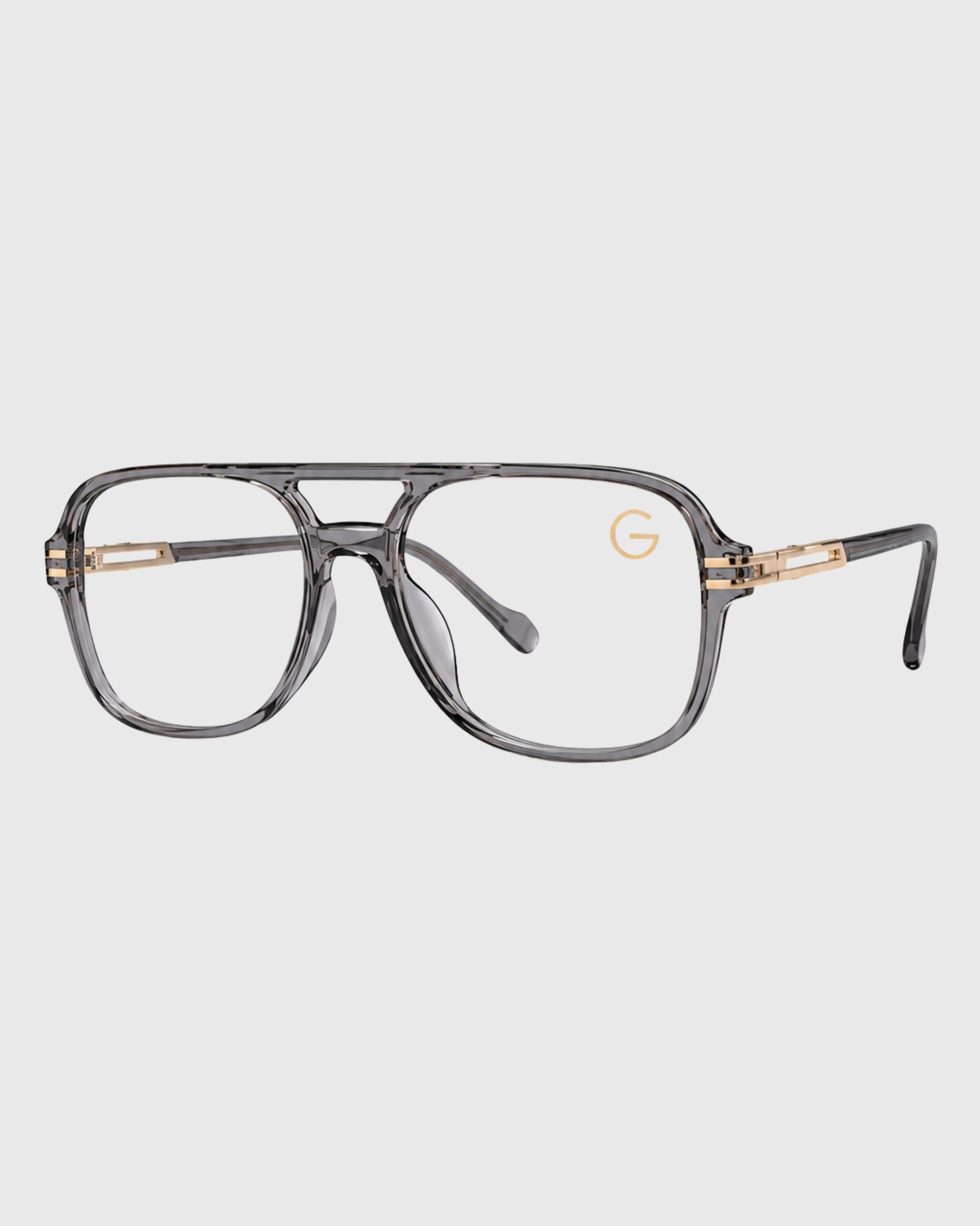 Glasses featuring gold rims and clear lenses, elegantly designed for a sophisticated look.