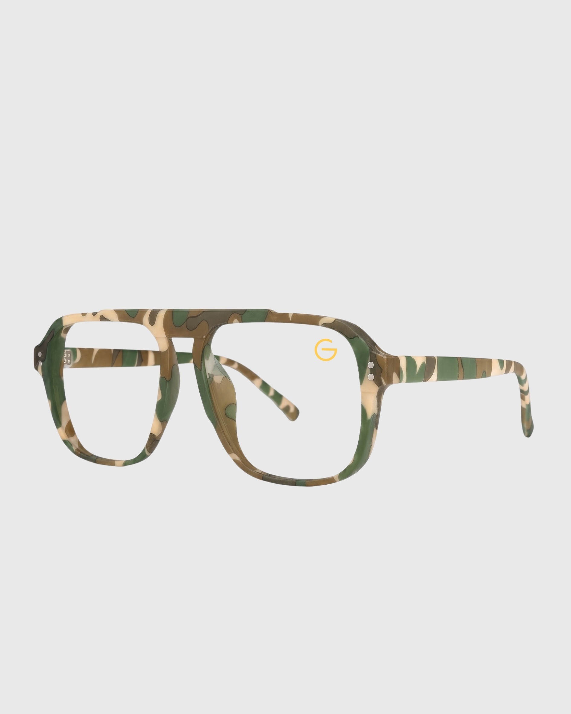 Camouflage-patterned glasses displayed on a neutral background, showcasing their unique design and material.