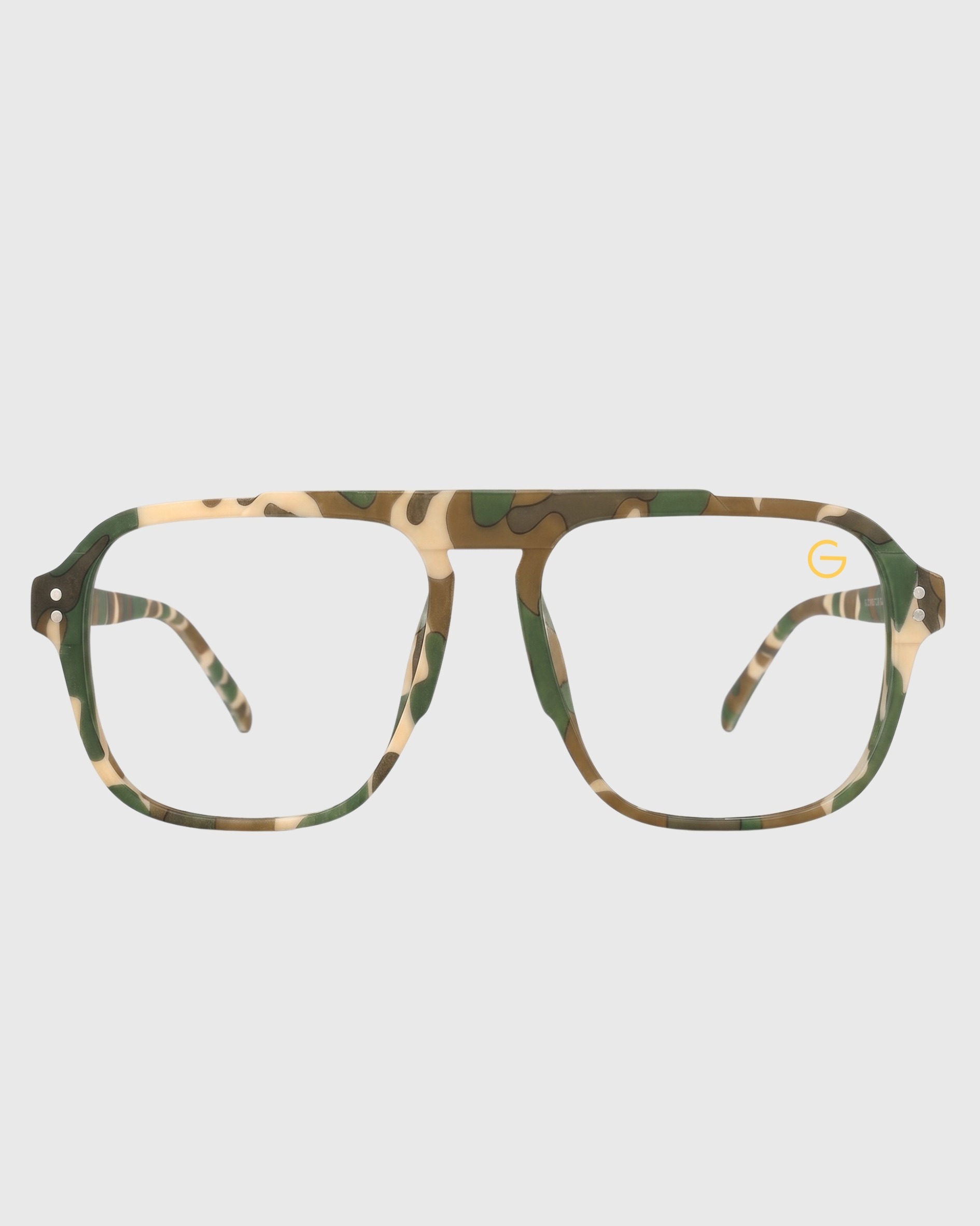Camouflage-patterned glasses displayed on a neutral background, showcasing their unique design and material.