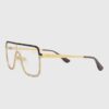 Metal glasses with a gold frame, showcasing a sleek and elegant design suitable for various occasions.