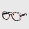 A pair of glasses featuring a vibrant, colorful pattern on the frames.