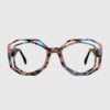 A pair of glasses featuring a vibrant, colorful pattern on the frames.