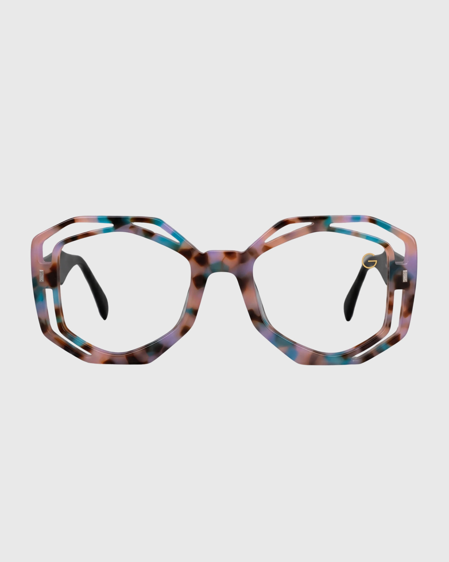 A pair of glasses featuring a vibrant, colorful pattern on the frames.