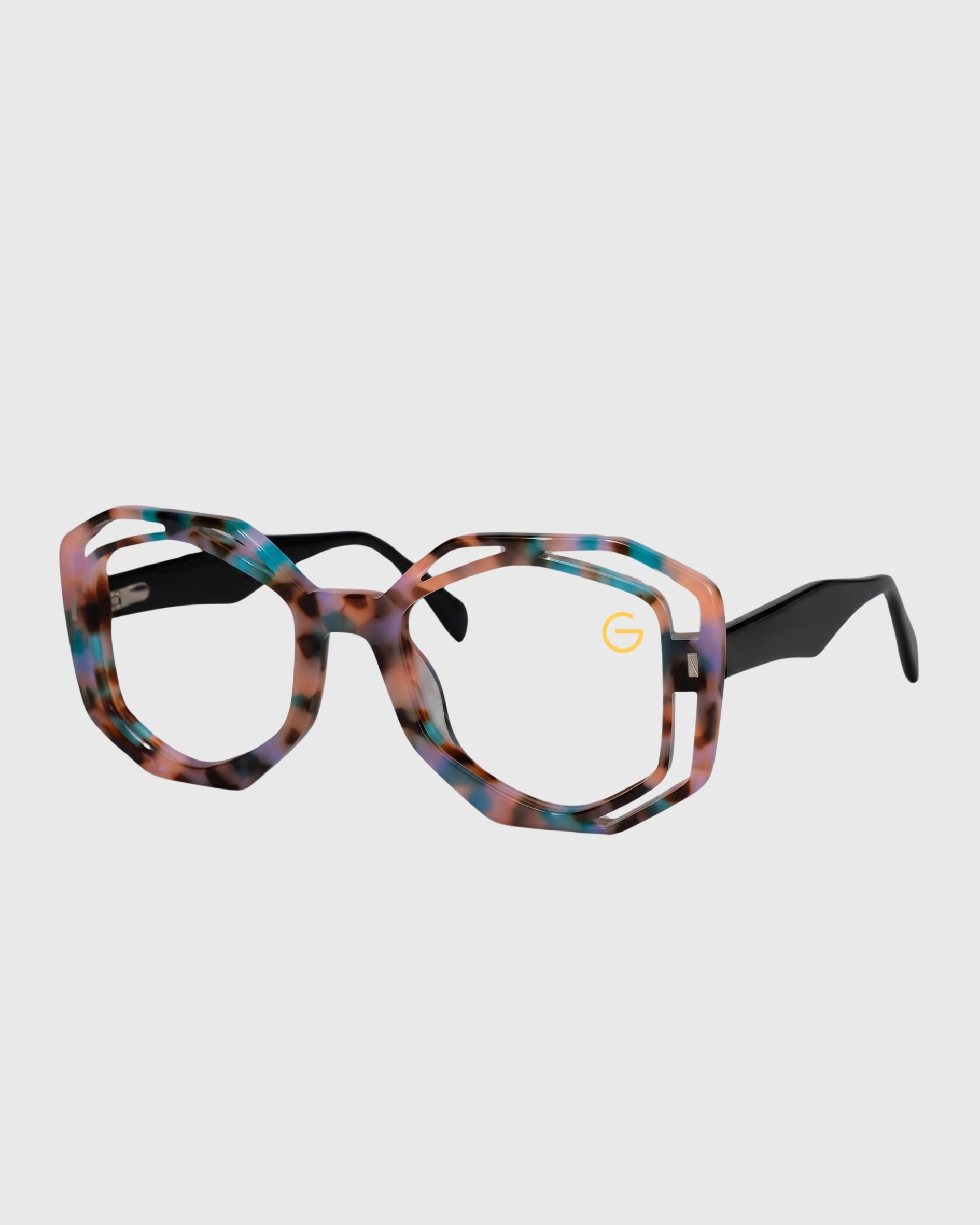 A pair of glasses featuring a vibrant, colorful pattern on the frames.