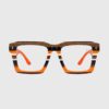 A pair of glasses featuring orange and brown striped frames, showcasing a stylish and modern design.