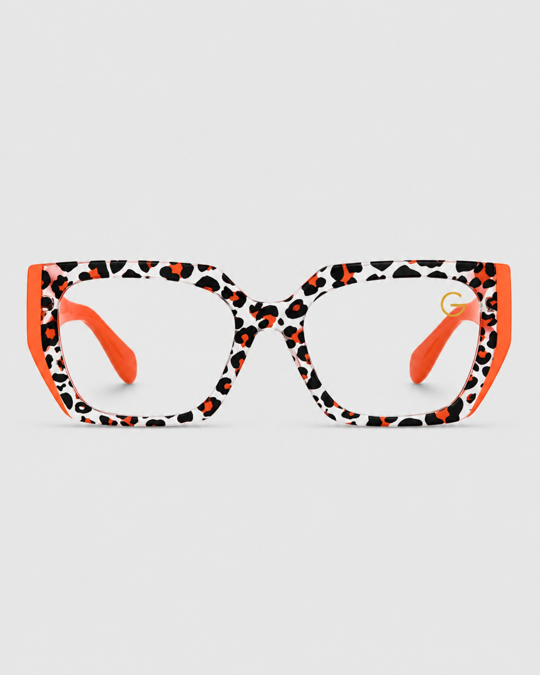 A pair of leopard print glasses with a stylish frame, showcasing a bold and trendy design.