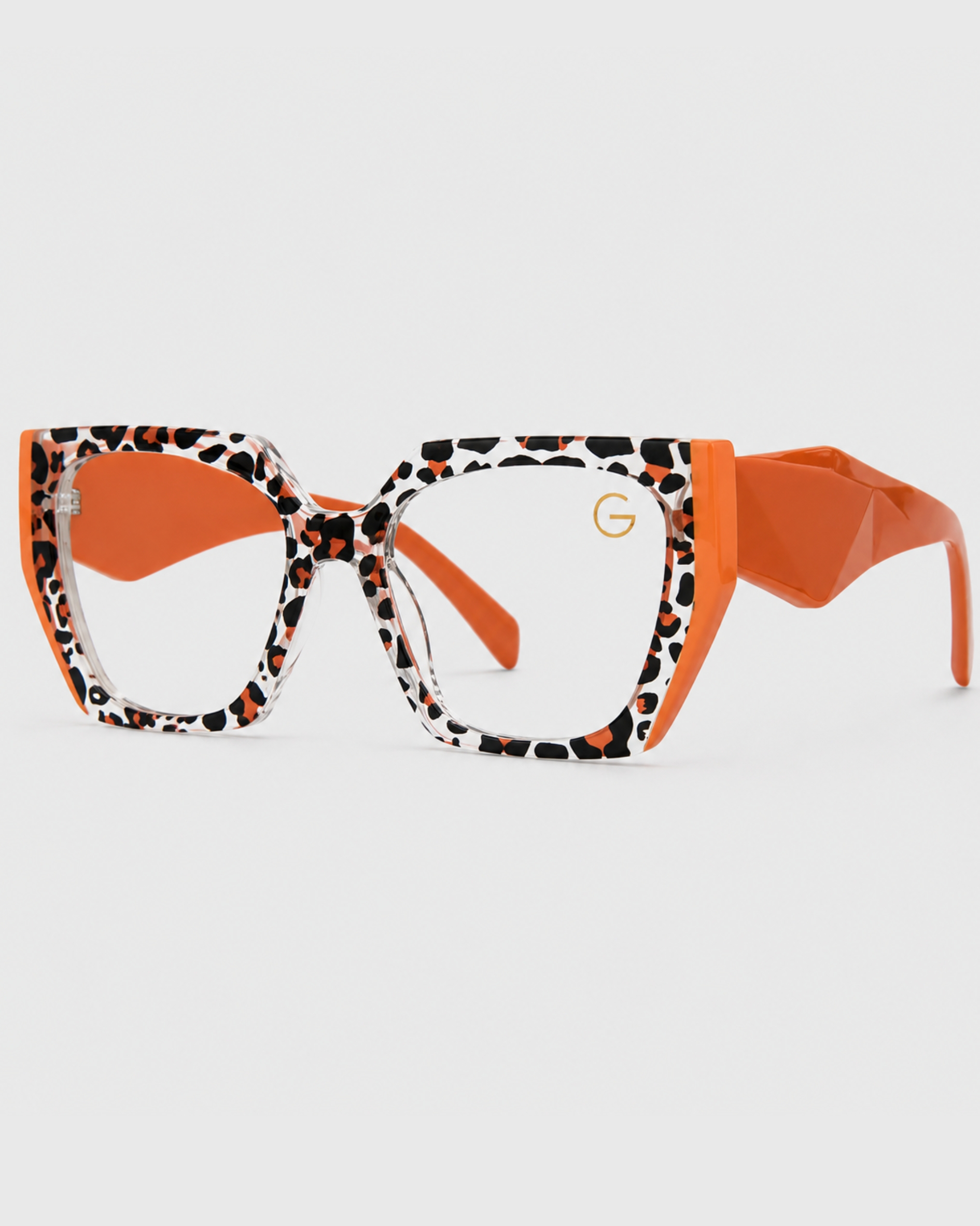 Orange cat print glasses with black frames, showcasing a playful and unique design for eyewear enthusiasts.