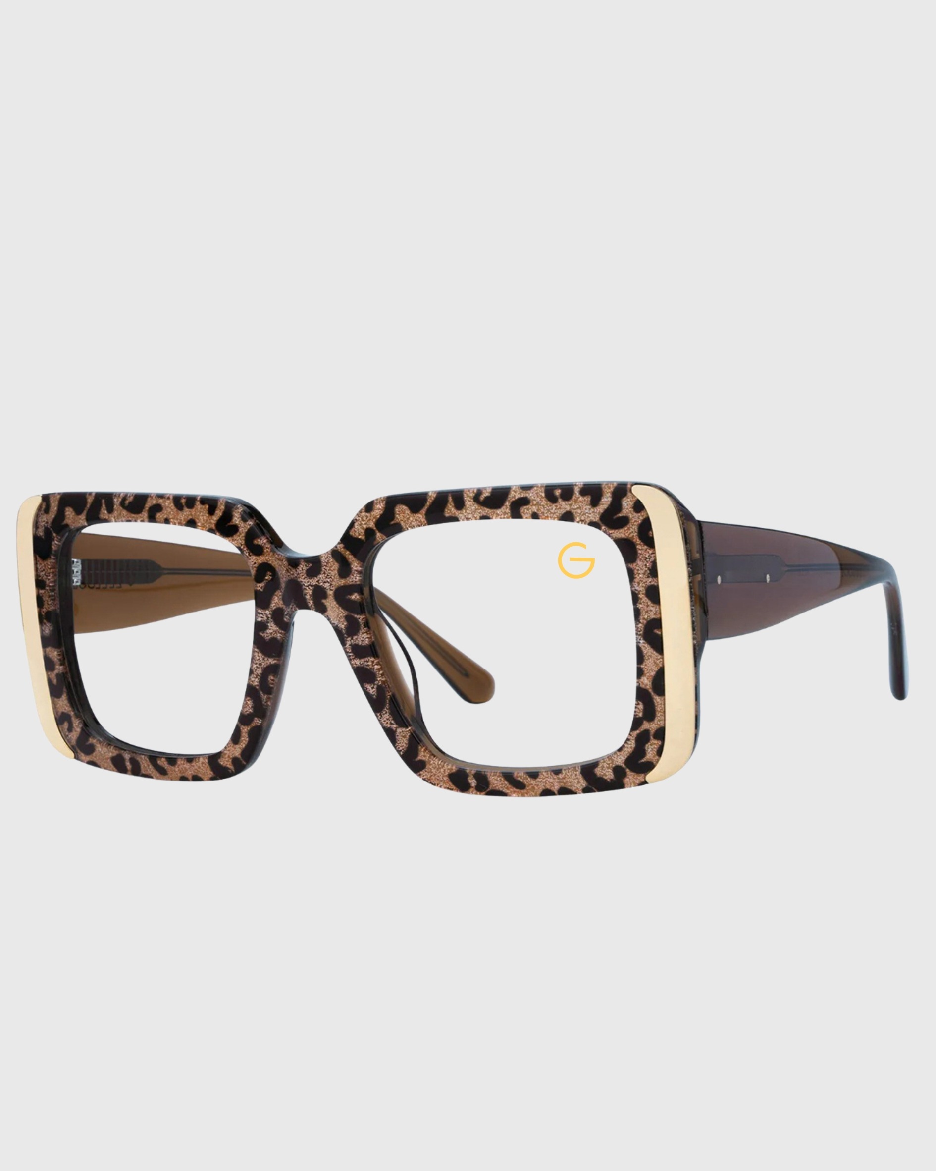 Leopard print glasses with gold accents, showcasing a stylish and bold design.