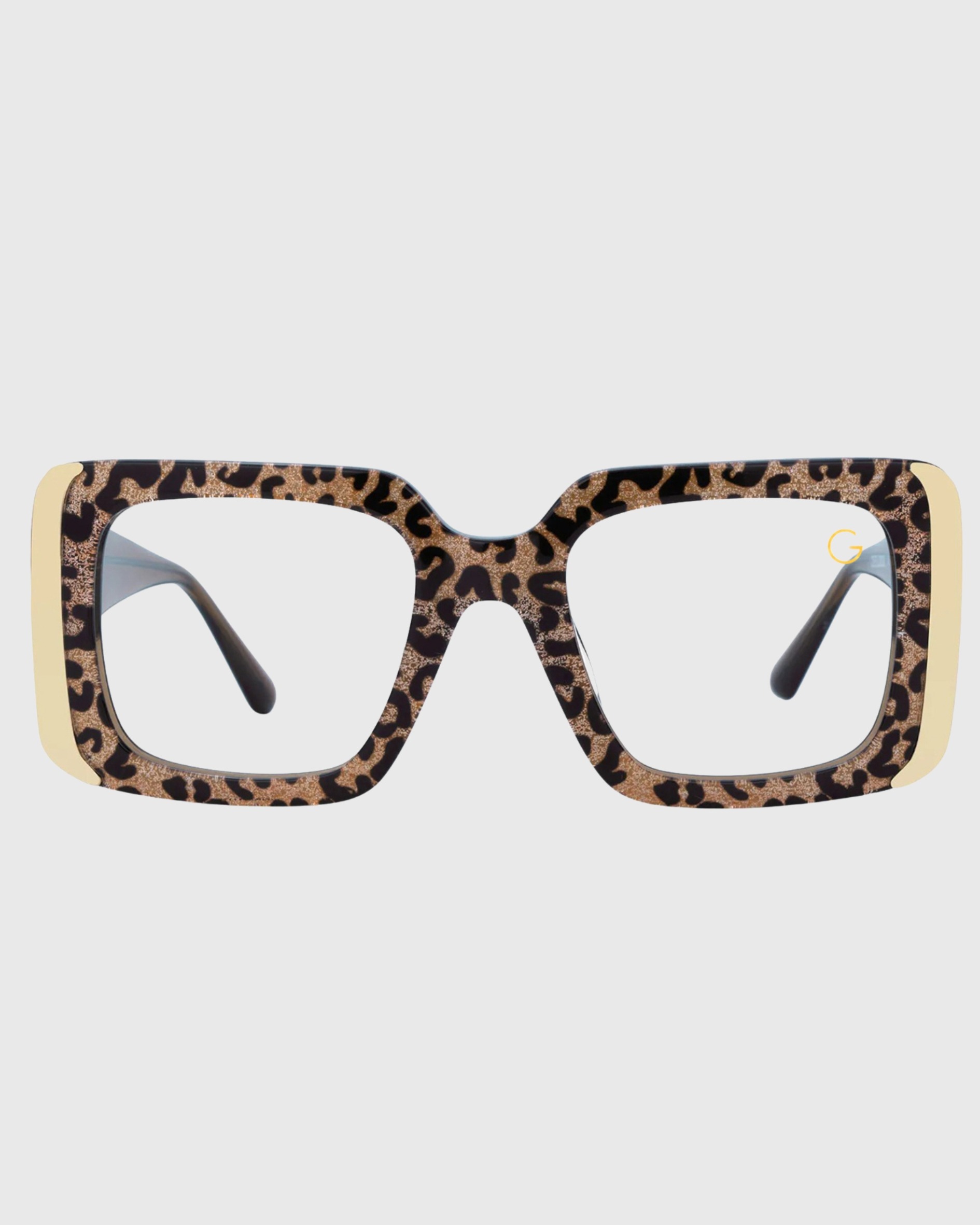Leopard print glasses with gold accents, showcasing a stylish and bold design.