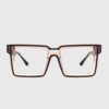 A pair of brown-framed glasses with clear lenses displayed against a neutral background.