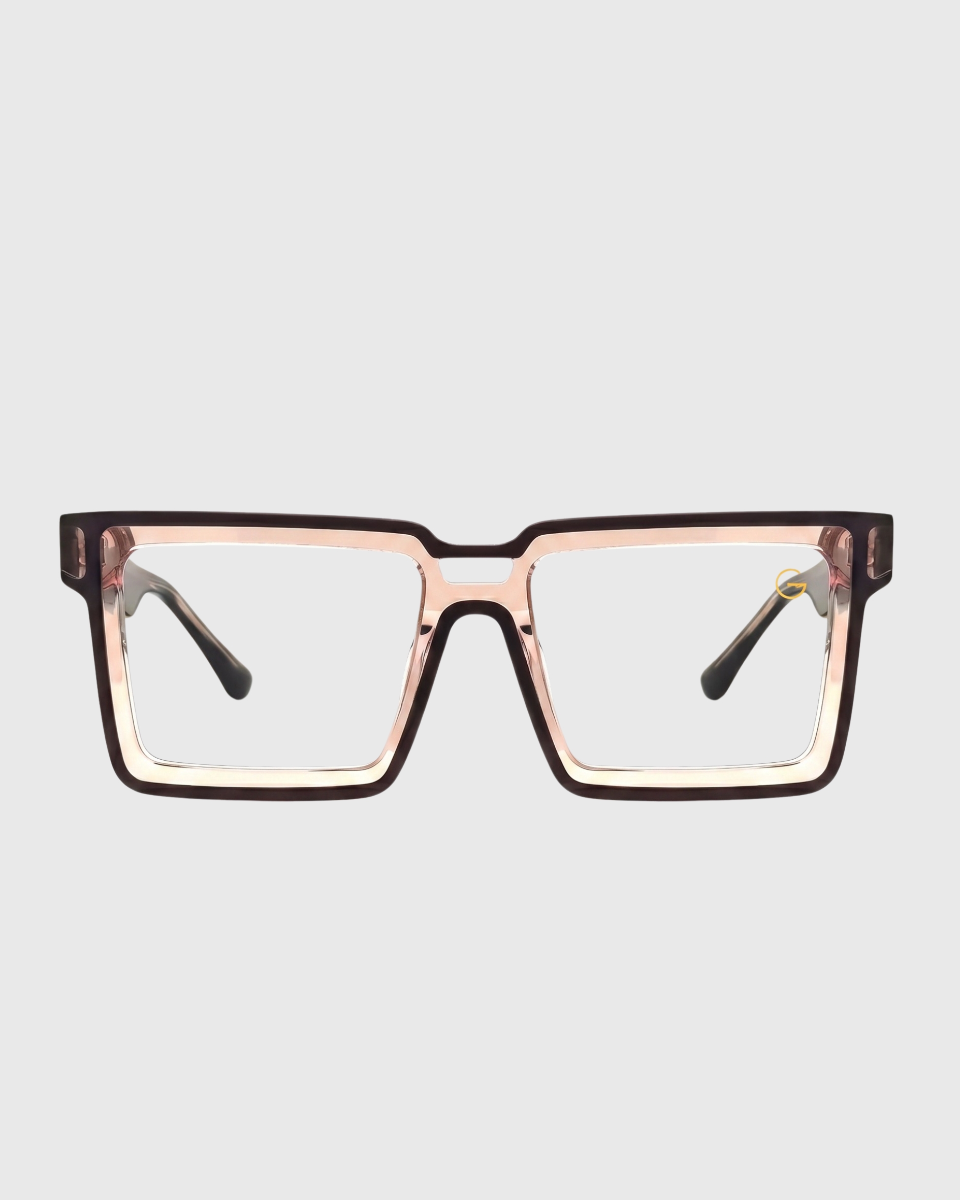 A pair of brown-framed glasses with clear lenses displayed against a neutral background.