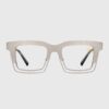 A pair of metal-framed glasses with clear lenses, showcasing a modern and stylish design.