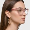 A model showcases stylish glasses featuring elegant gold hoops, highlighting a modern accessory trend.