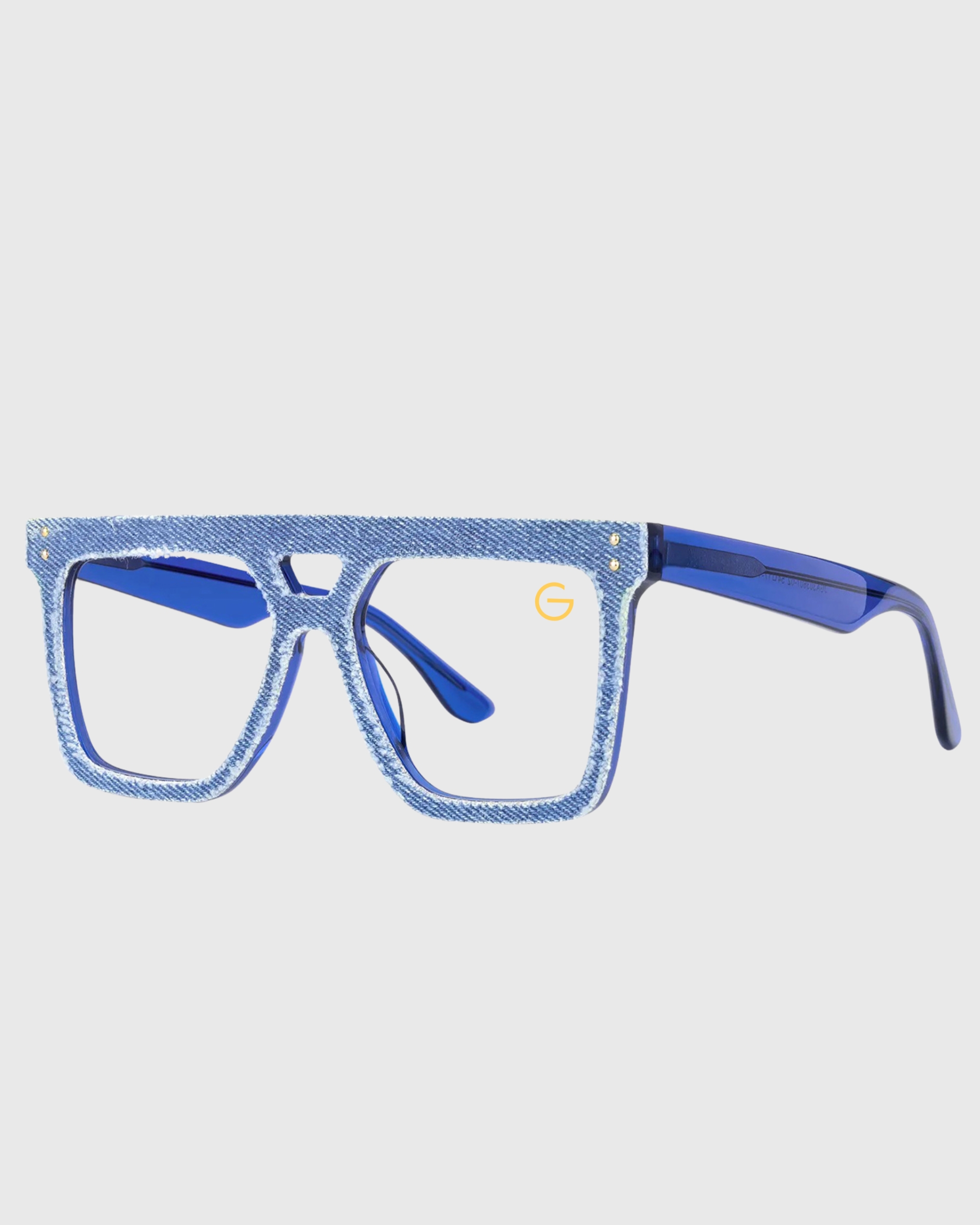 Blue and white glasses featuring a stylish blue frame, showcasing a modern design suitable for various occasions.