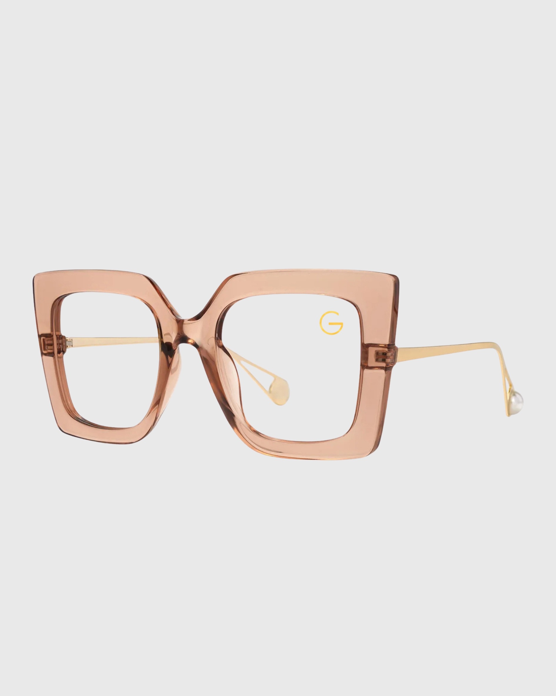 Clear plastic square frame glasses displayed against a neutral background.
