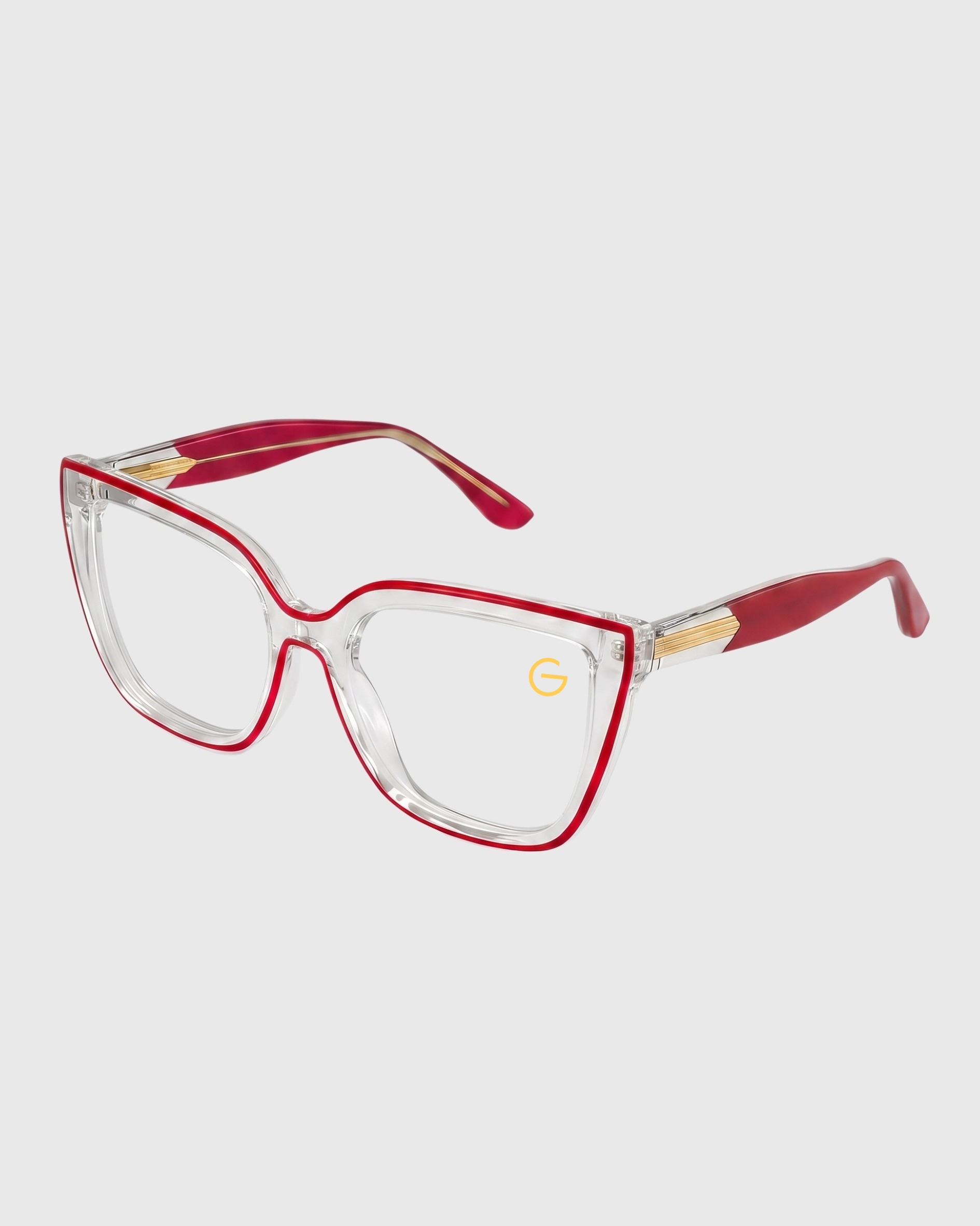 A pair of eyeglasses featuring red and clear frames, showcasing a modern and stylish design.