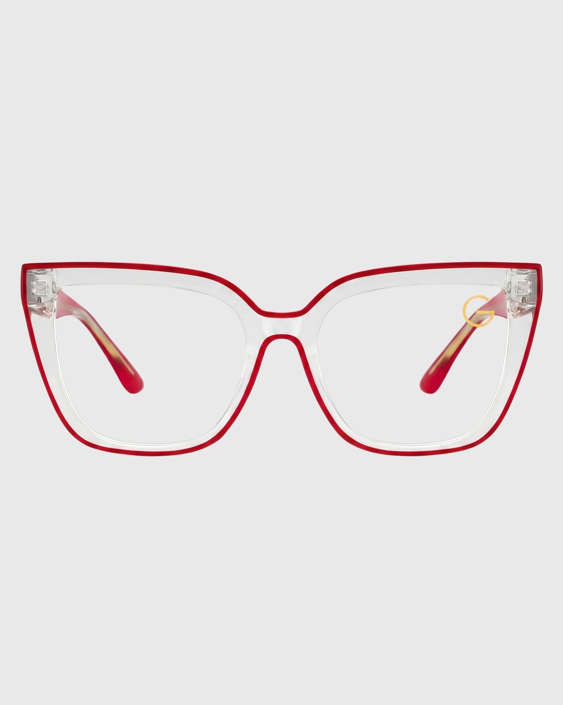A pair of red glasses featuring clear lenses, showcasing a stylish and modern design.