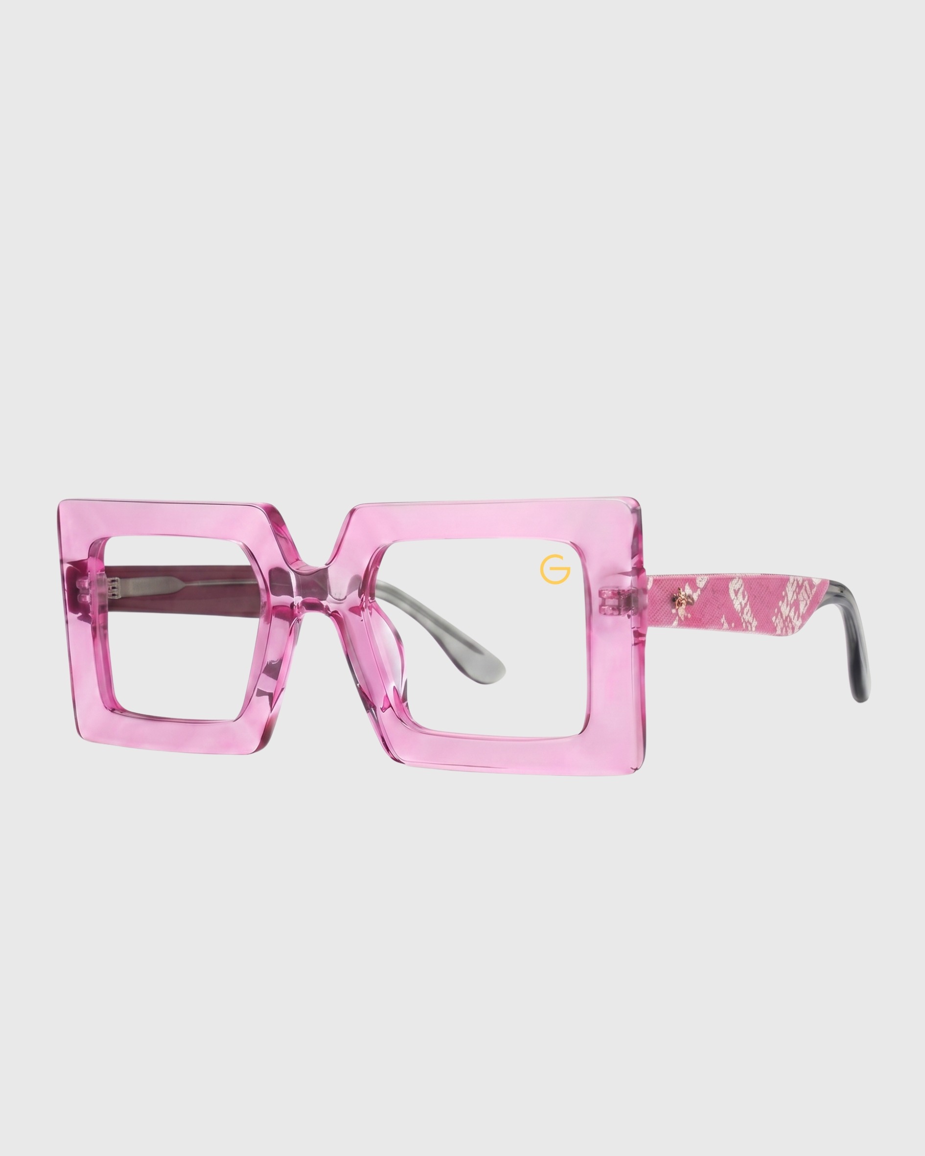 A pair of square-shaped glasses featuring pink frames, showcasing a stylish and modern design.