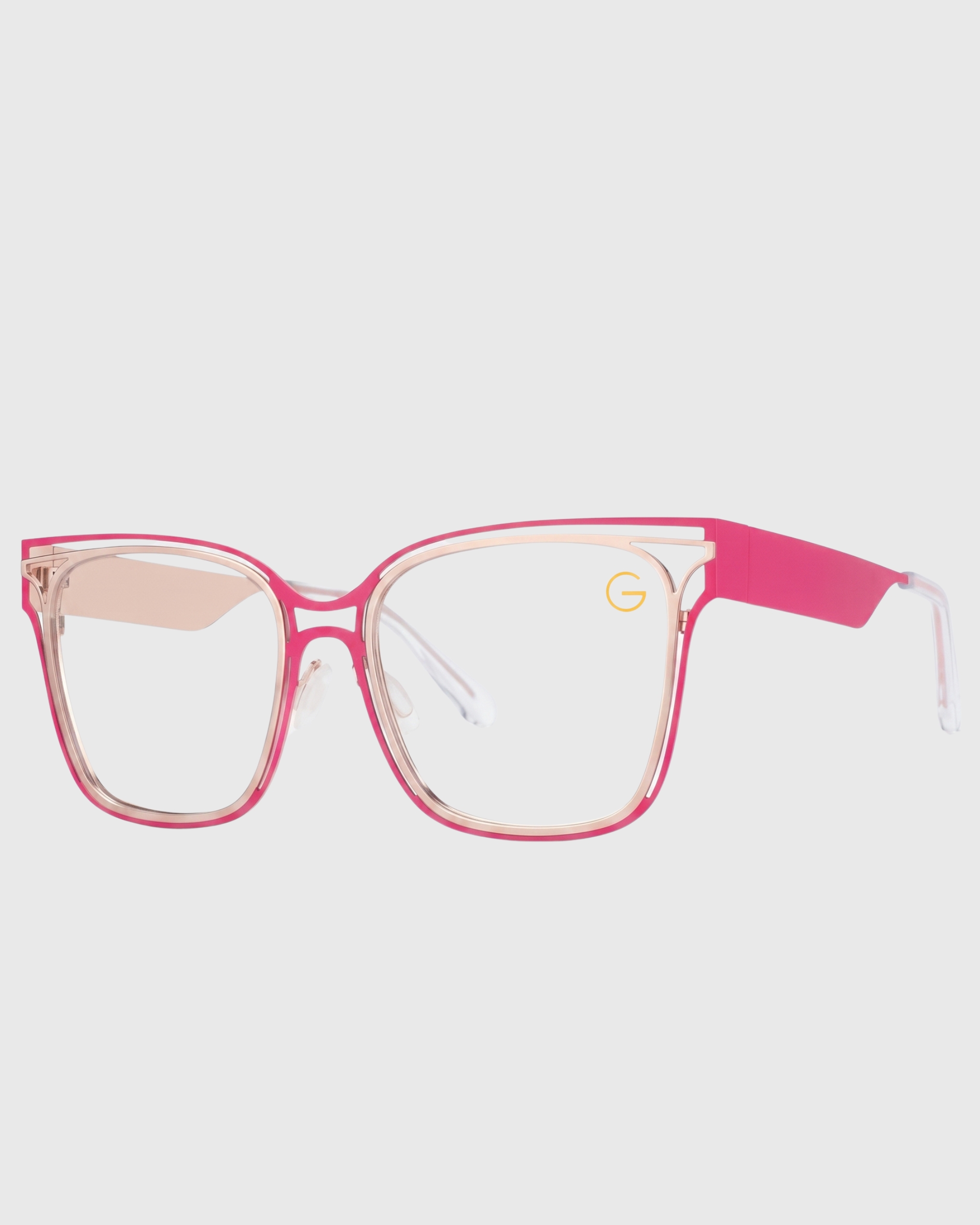 A pair of stylish glasses featuring pink frames and clear lenses, resting on a neutral background.