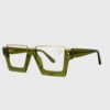Square frame glasses made from green plastic, showcasing a modern and stylish design.