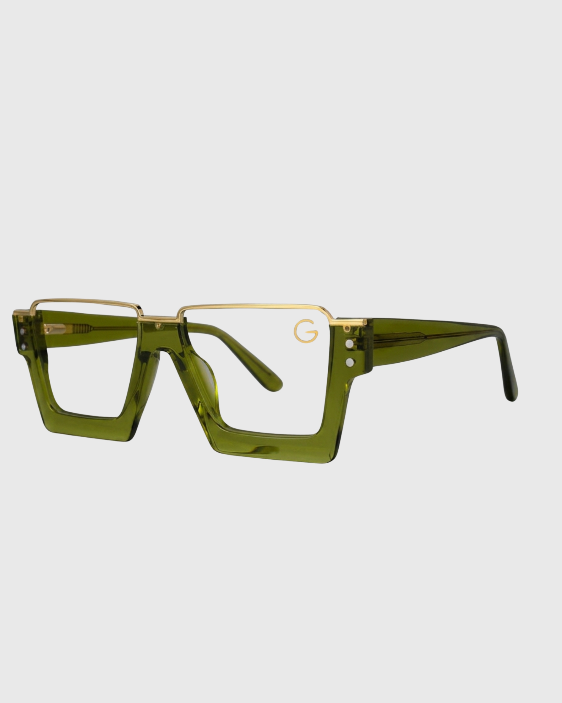 Square frame glasses made from green plastic, showcasing a modern and stylish design.