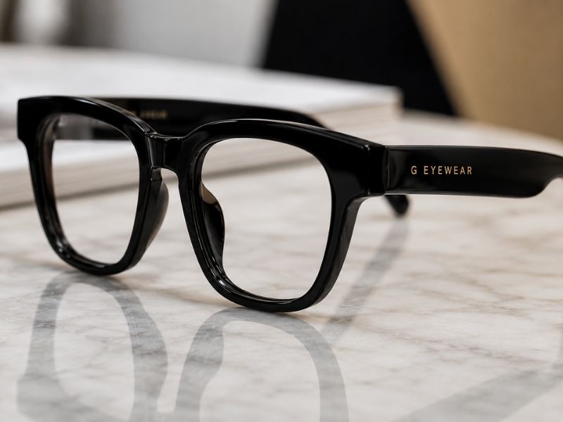 A pair of black glasses resting on a wooden table surface.