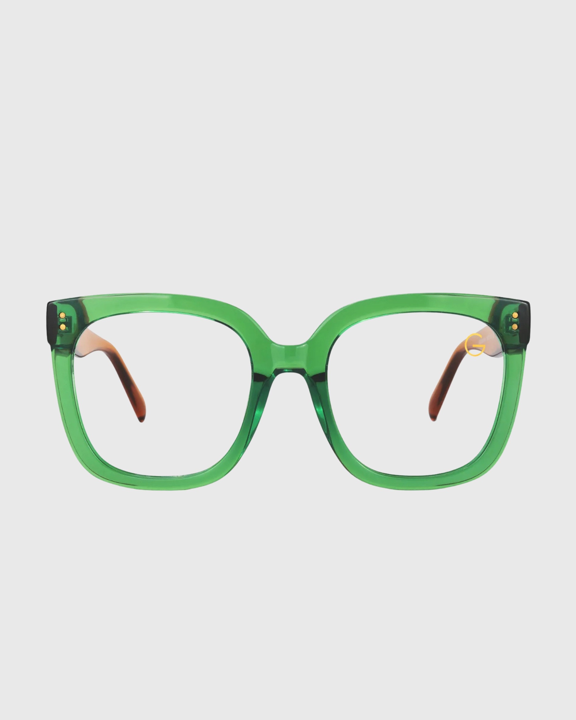 A pair of green glasses featuring a stylish gold frame, showcasing a modern and elegant design.