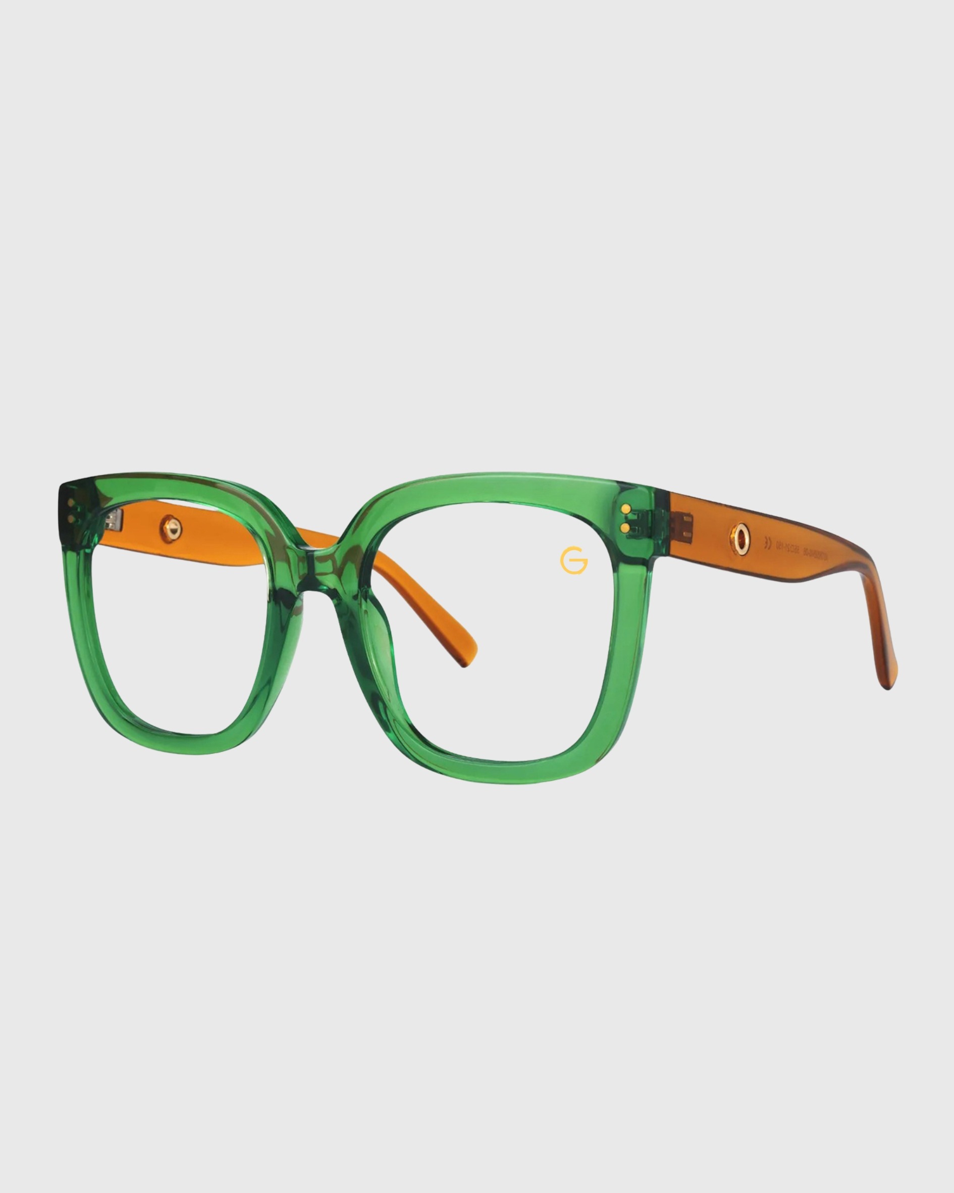 A pair of glasses featuring vibrant green and orange frames, showcasing a modern and stylish design.