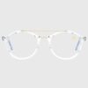 A pair of stylish glasses featuring clear lenses and elegant gold accents.