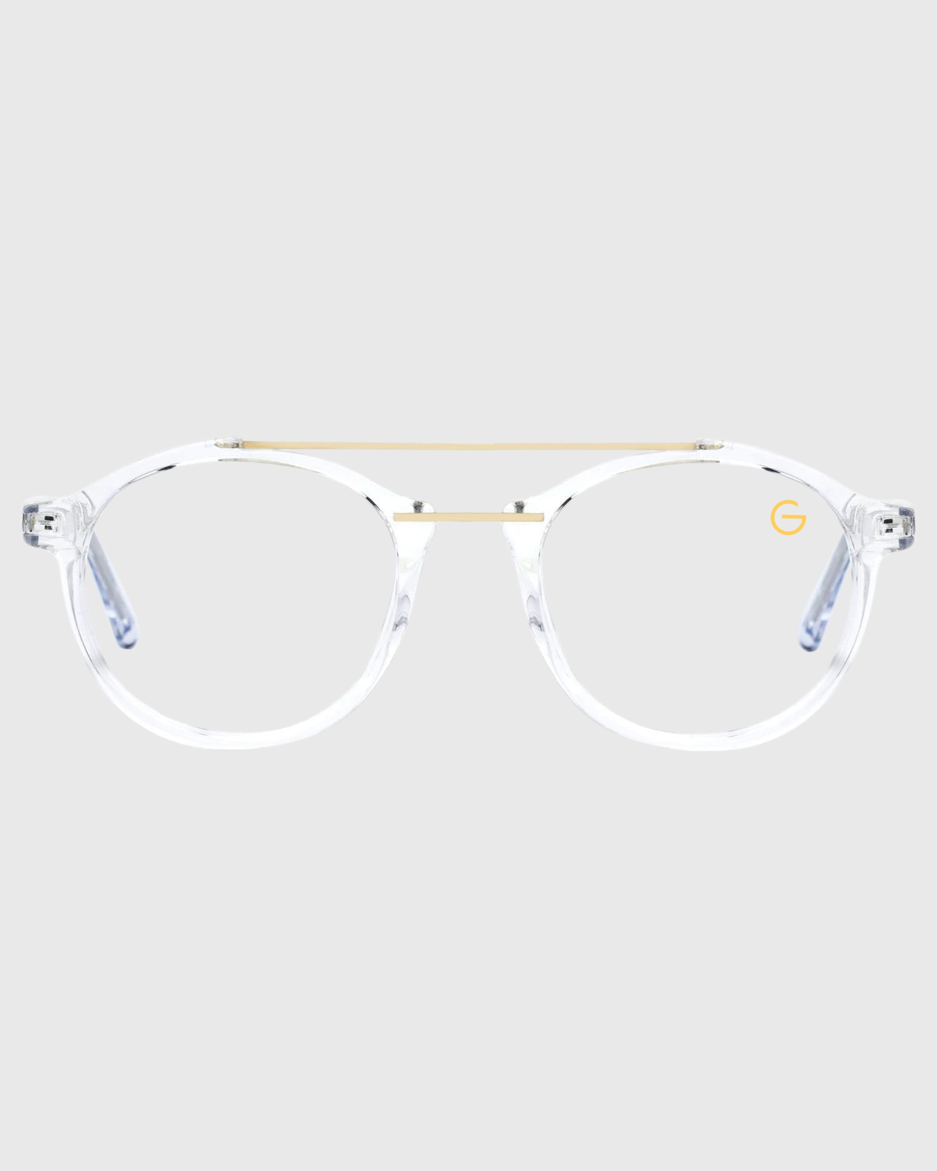 A pair of stylish glasses featuring clear lenses and elegant gold accents.
