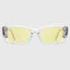 Clear plastic glasses with yellow lenses, showcasing a modern and stylish design suitable for various occasions.