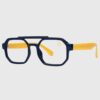 A pair of glasses featuring a blue frame and yellow temples, showcasing a vibrant and stylish design.