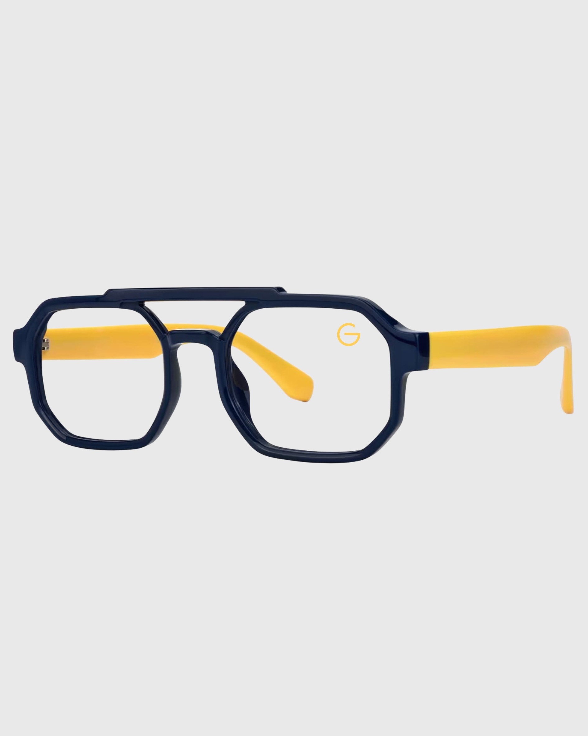 A pair of glasses featuring a blue frame and yellow temples, showcasing a vibrant and stylish design.